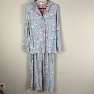 Munki Munki Women’s Pajama Set Sz Small Long Sleeve Pants Cocktails Gray Pink